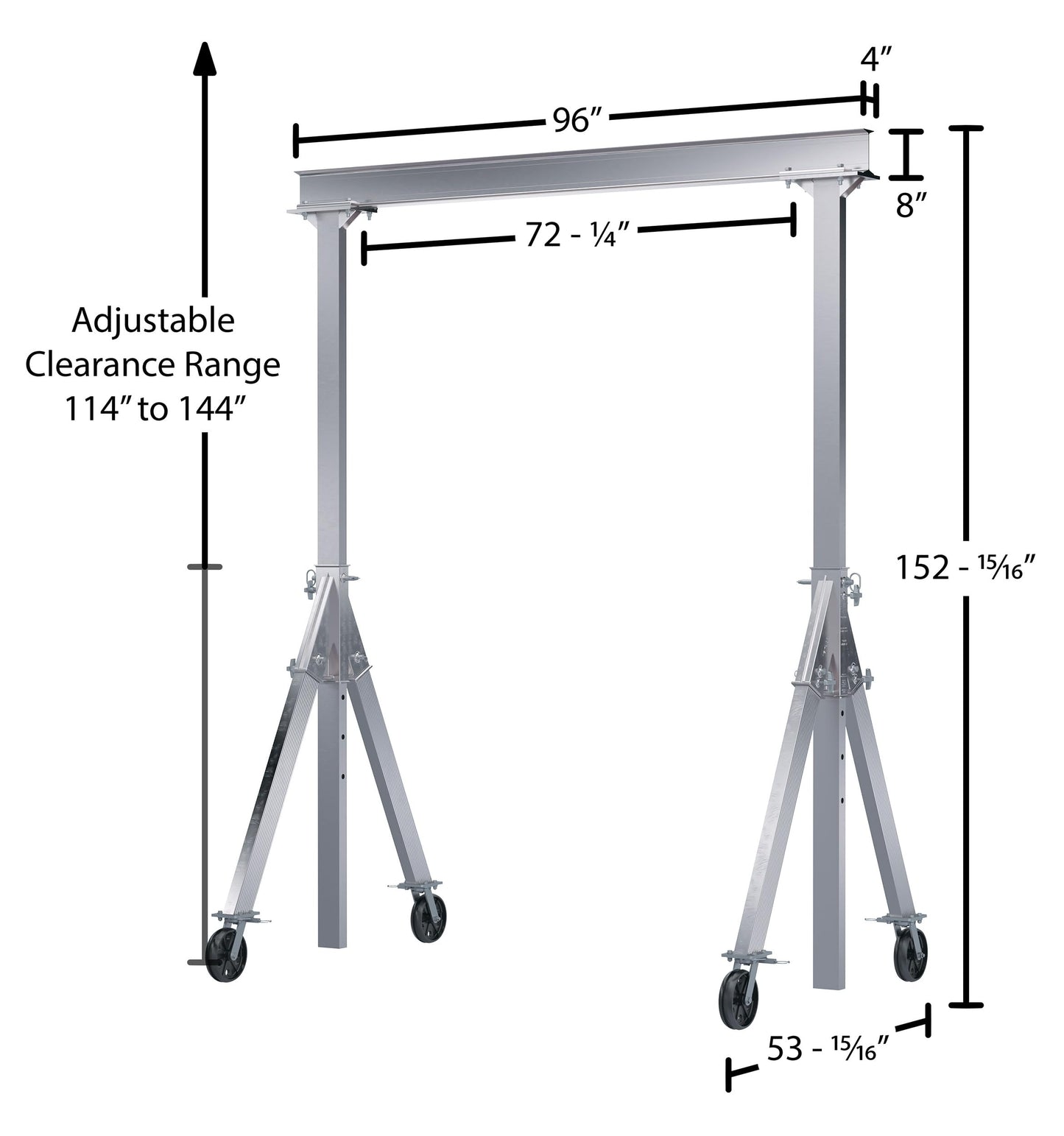 Vestil AHA-4-8-12-VG Aluminum Adjustable Height Gantry Crane with V-Groove Cast Iron Casters 8 Ft. x 12 Ft. 4000 Lb. Capacity Silver