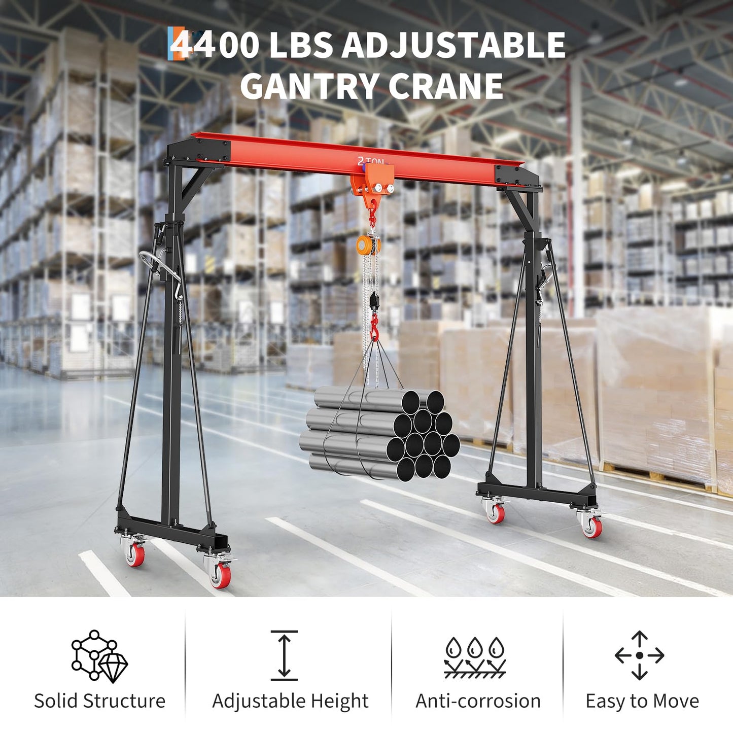2 Ton Gantry Crane, 8-12 FT Adjustable Height, 4400LBS Shop Lift Hoist with Manual Trolley, Hook & Shackles for Warehouse, Factory