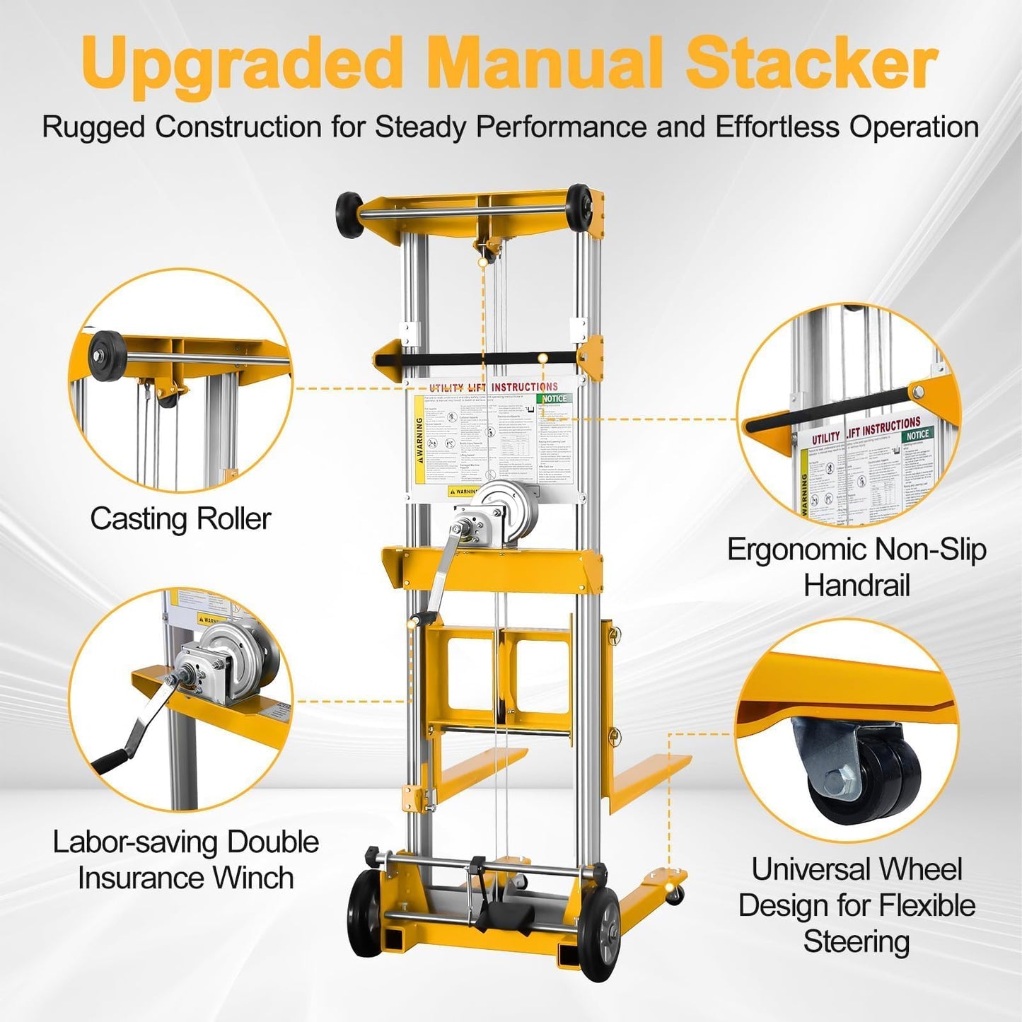 ELOMBR 122" Material Lift Winch Stacker, 400 lbs Capacity Manual Material Lifts, Fixed Straddle Material Lifter, Hand Winch Lift Trucks for Warehouse, Factory, Lightweight, 34.60"L x 24.80"W, Yellow