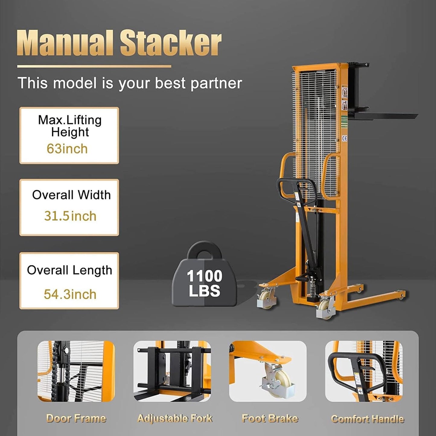 Aequanta Pallet Jack 3300lbs Capacity Electric Pallet Truck Lithium Battery Jack 48''x27'' Fork and Manual Pallet Stacker Lifts with Adjustable Forks 1100lbs Capacity 63" Lifting Height