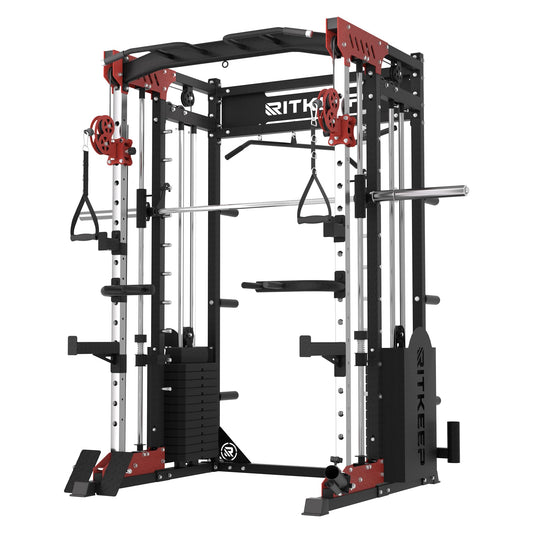 Home Gym Smith Machine with 320lb Weight Stacks – 6-in-1 Power Rack, Crossover, Pull-Up & Dip Station, Full Body Strength Training – RitKeep PMAX-5600 Pro (Red&Black(320LB)-2025 Version)