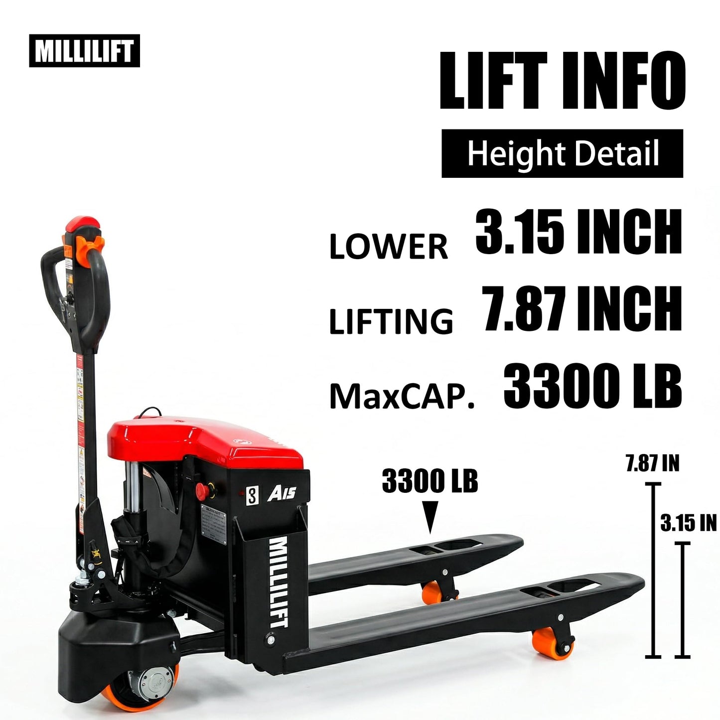 Millilift Electric Pallet Jack, 3300LB Capacity,Heavy-Duty Forks 45"x27", Powerful Drive Motor, 24V 40AH LiFePO4 Battery with Built-in Charger, 2–4H Runtime, for Warehouse,Logistics Company