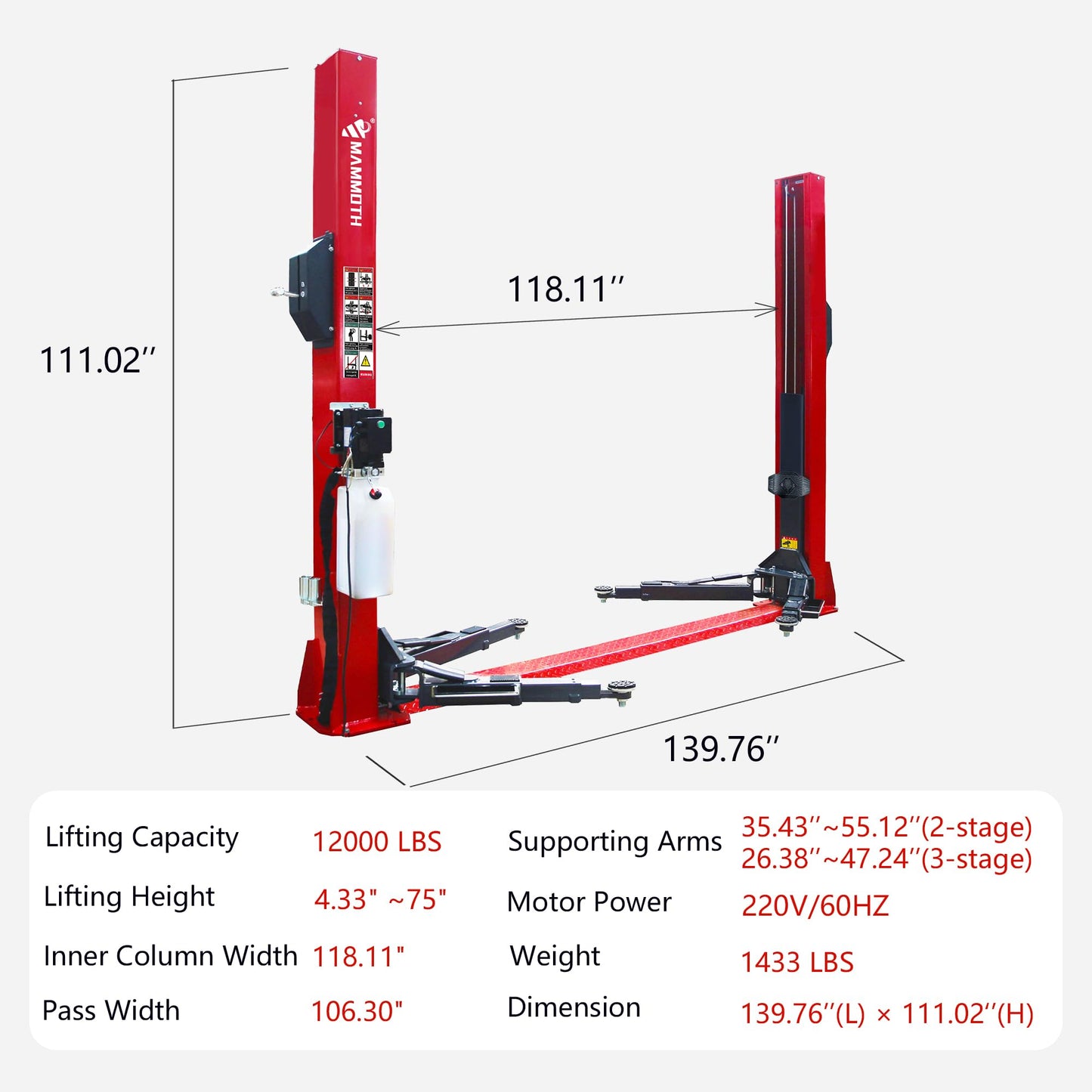 MEMMAREX Mammoth MJ-2Z-45AS 12000LBS Two Post Car Lift, Floor Plate Hydraulic Lift Single Side Manual Release for Home Garage Repair Shop, Fits Sedan SUV Pickup Truck