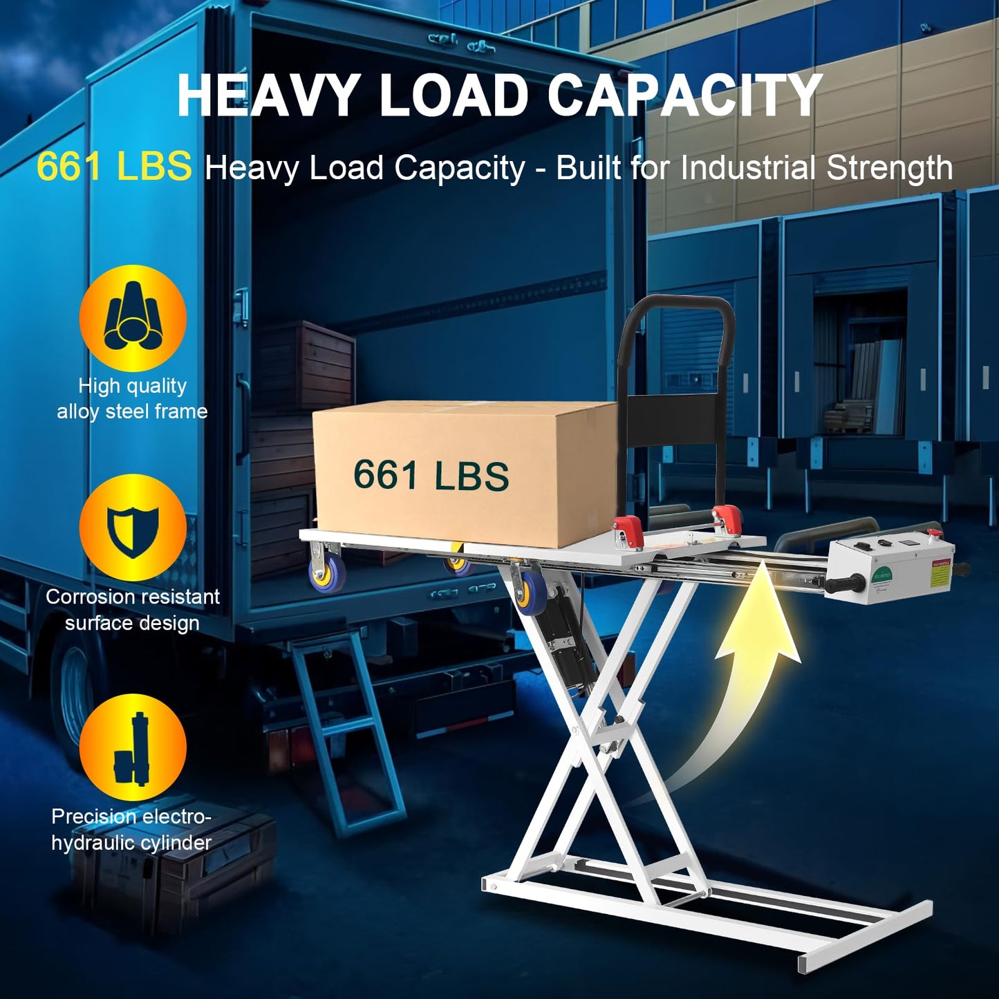 Electric Hydraulic Lift Table Cart- 48V 661 LBS Capacity Folding Platform Truck for Loading/Transporting Goods onto Trucks & Warehouses