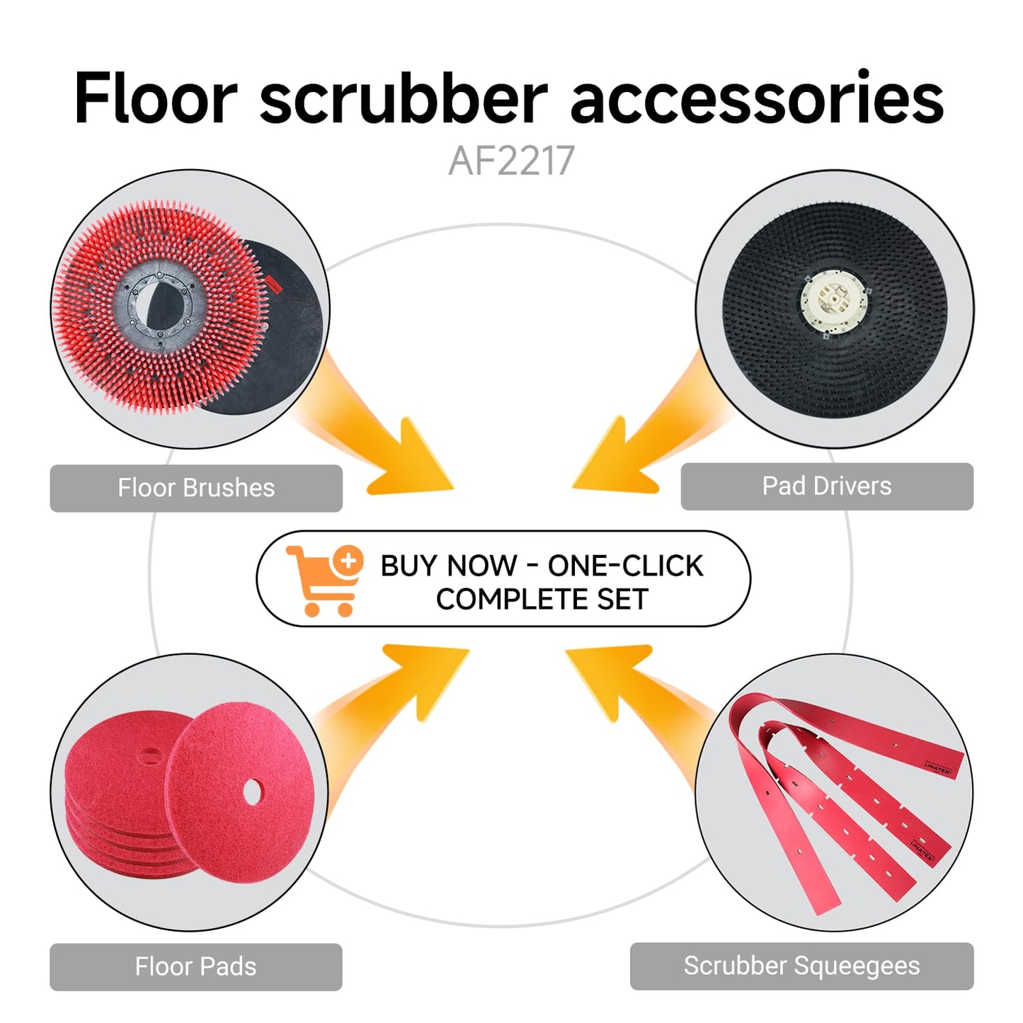 AIOLITH Consumable Supply Bundle for AF2217 Walk-Behind Scrubber - Includes 21" Brush, 21" Pad Driver, 33" Squeegee Blades & 5-Pack 22" Red Pads