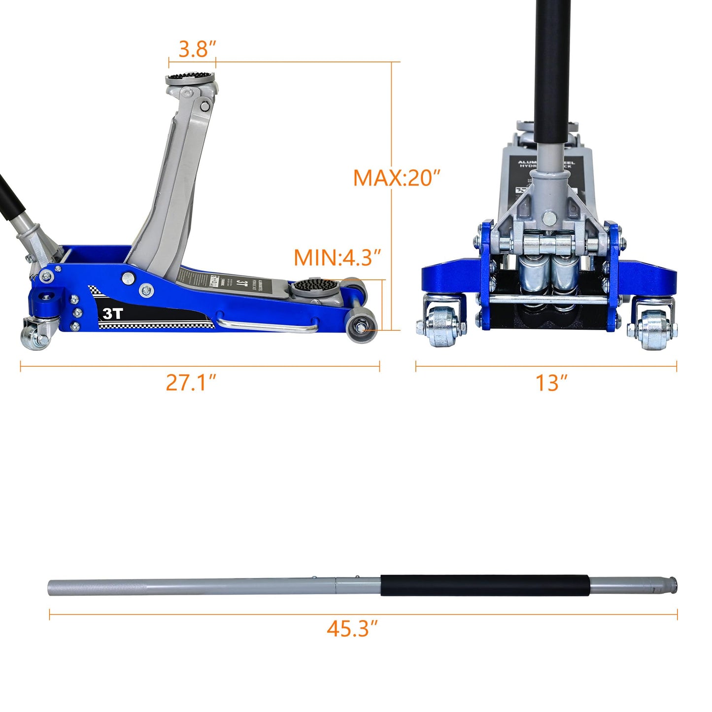 Aluminum Steel Hydraulic Floor Jack 3Ton/6600lbs.Dual Piston Fast Lifting Pump.Horizontal Floor Jack Lifting Range 4.3"-20".Racing Car Jack for MVPs,SUVs and Trucks.Trolley Jack with Extra Saddle
