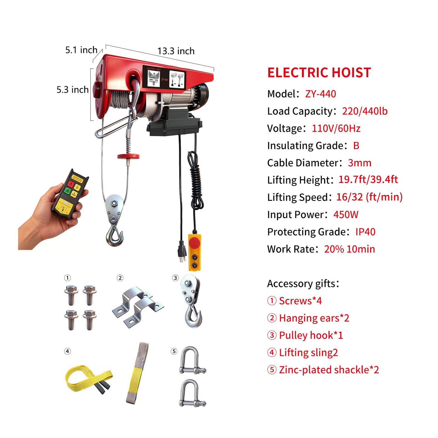 Electric Hoist, 440 lbs 110V Electric Winch with 328 ft Wireless & 14 ft Wired Remote Control, Single/Double Slings,40 ft Single Cable Lifting Height, Lift Hoist for Garage Warehouse Factory