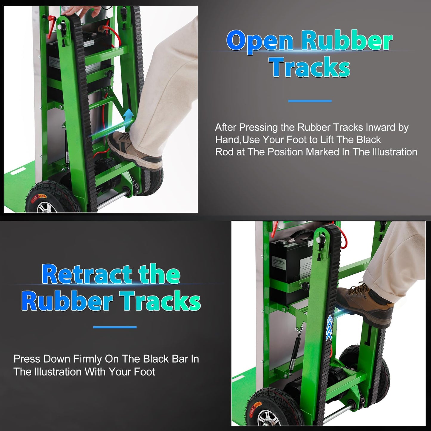 Electric Stair Climbing Dolly, 1250W Electric Stair Climbing Hand Truck, 900lbs Max Load Capacity, 3 Mode Folding Stair Climber Hand Trucks with Telescopic Handle for Moving (Green+Black/Big Wheels)