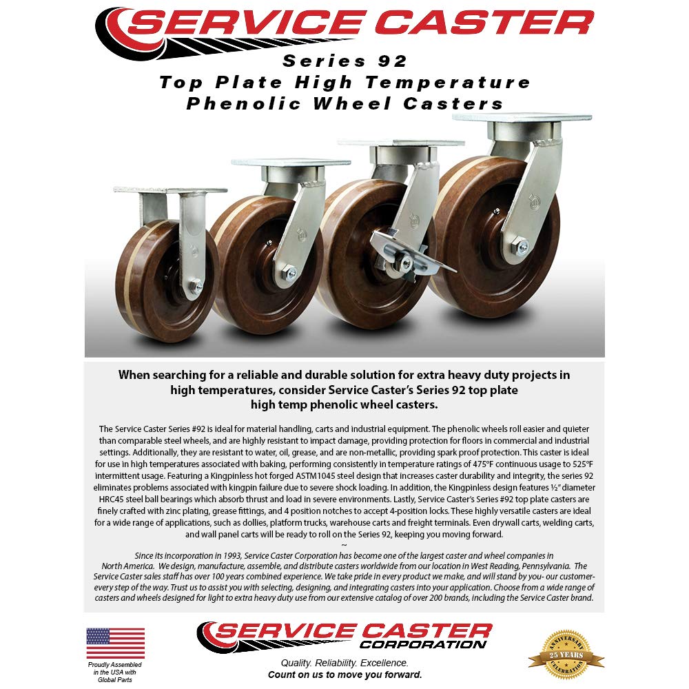 Extra Heavy Duty 6”x3” High Temp Phenolic Swivel Caster Set for Cranes, Gantries, Hoists, and Winches–2 with Swivel Locks and 2 with Side Lock Brake-2,000 lbs Per Caster–Set of 4-Service Caster Brand