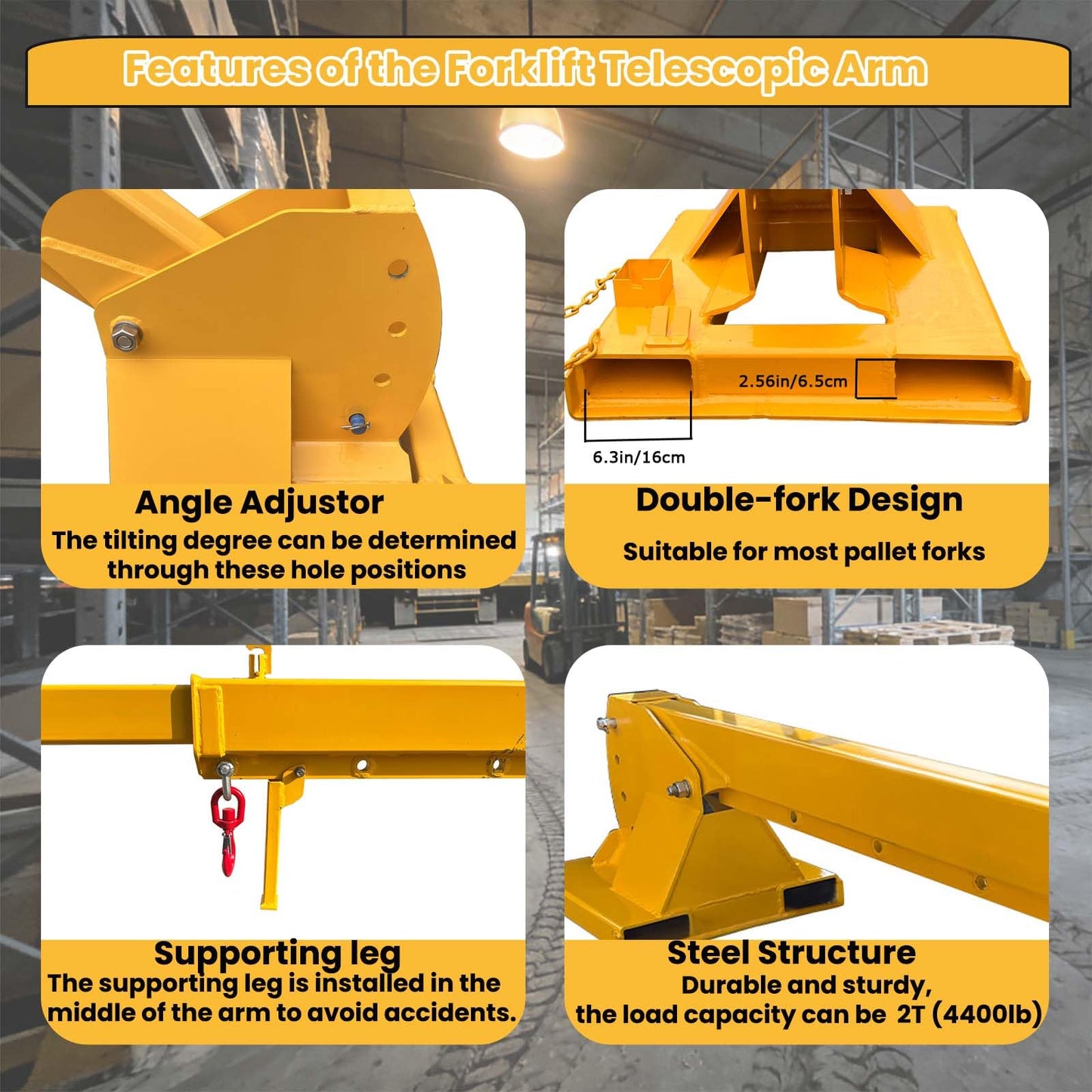 BREVELTION 2T Forklift Telescopic Boom Crane Jib, 4400lbs Capacity Mobile Crane Extendable Lifting Hoist Arm 7ft-12ft, 0-75° Adjustable Tilt Angle Attachments with Safety Hook for Towing Construction