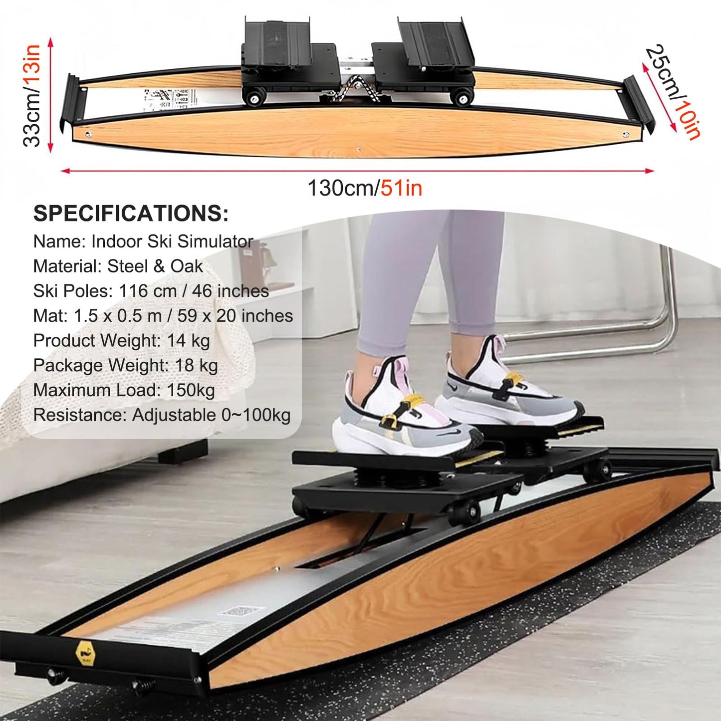 Ski Simulator Training Machine - Ski Exercise Equipment for Balance & Strength, 150kg Load Capacity, Includes Walking Stick & Mat for Home Fitness