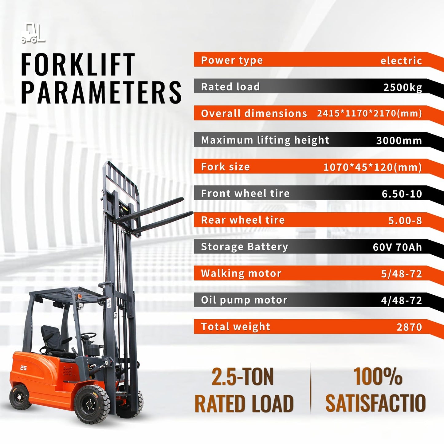 2.5 Ton Electric Forklift Pallet Stacker, Compact Forklift Capacity Heavy Duty Industrial Material Handler for Warehouse Factory Logistics Lead Acid Battery Powered, Moved Sideways (Orange)