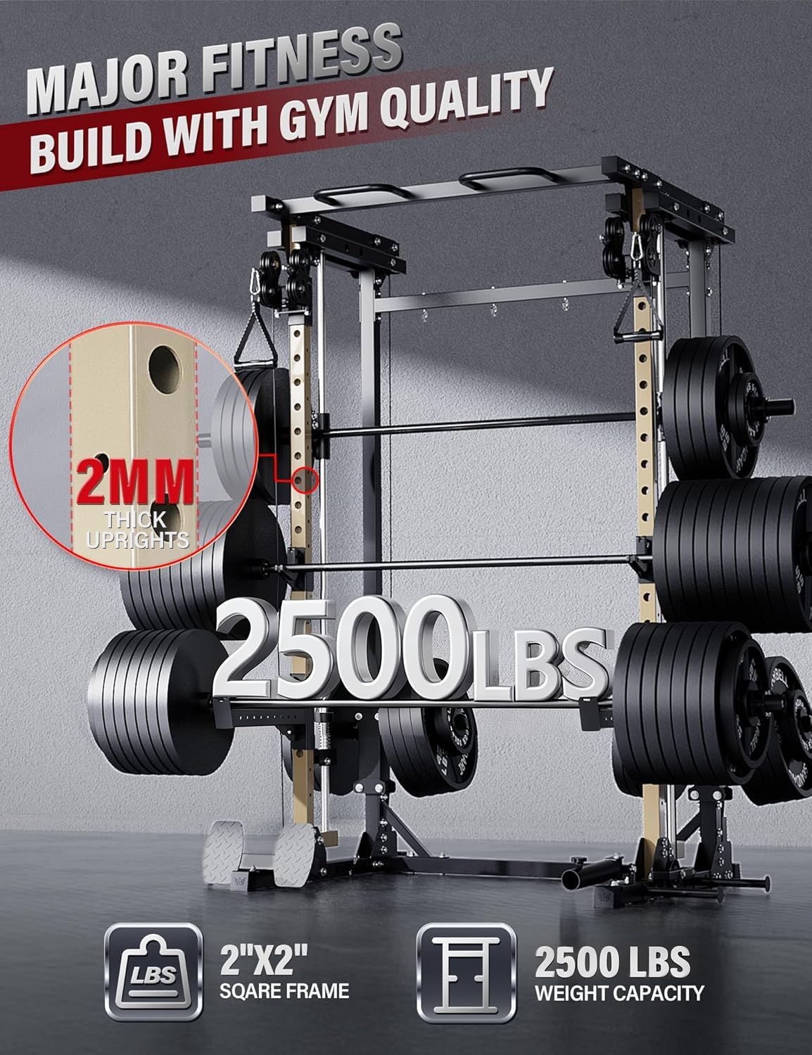 Major Fitness Drone3 Smith Machine, All-in-One Home Gym Power Rack with Cable Crossover, Pull-Up Bars, T-Bar & Squat Station, Heavy-Duty Full-Body Workout for Strength Training (D3SMS-KHA (Rack Only)