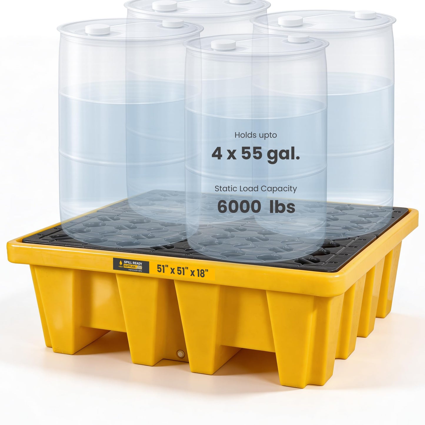 Spill Ready High Capacity 4 Drum Spill Containment Pallet - 51" x 51" x 18" - 114 Gallon Sump, (4-Pack) HDPE Drum Containment with Drain and Forklift Pockets, Yellow - Secondary Containment Pallet