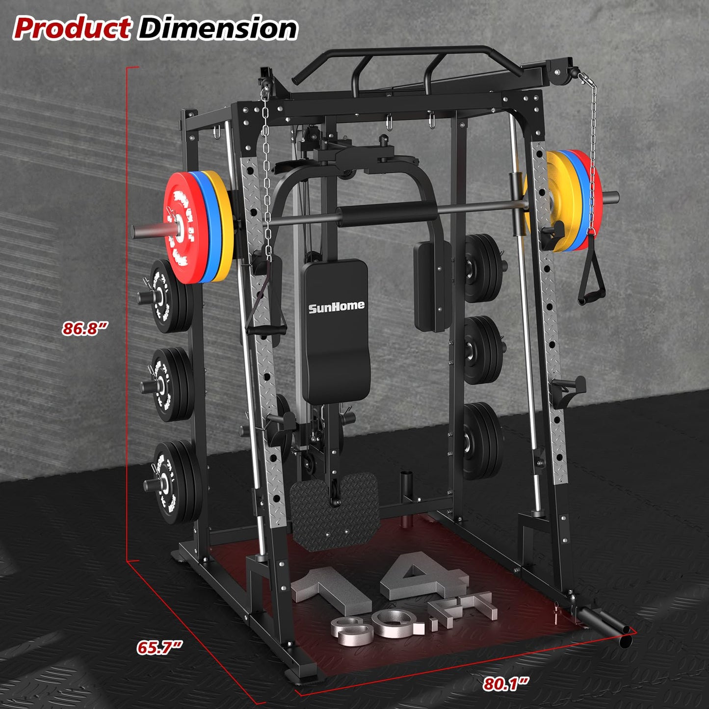 SunHome Smith Machine with Bench and 230LBS BP, 2000LBS Power Cage Squat Rack with Smith Bar, Two LAT Pull-Down Systems, Cable Crossover Machine and and More Cable Attachment for Home Gym