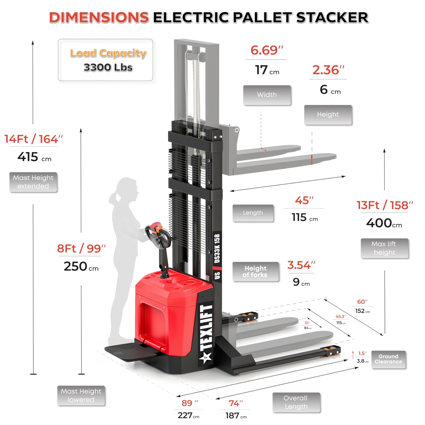 Full Electric Forklift Walkie Pallet Stacker with Stand 3300 Lb Capacity 158 Inch Lifting Height and Full Electric Power Pallet Jack 3300 Lb Capacity 48” L x 27” W Fork Size