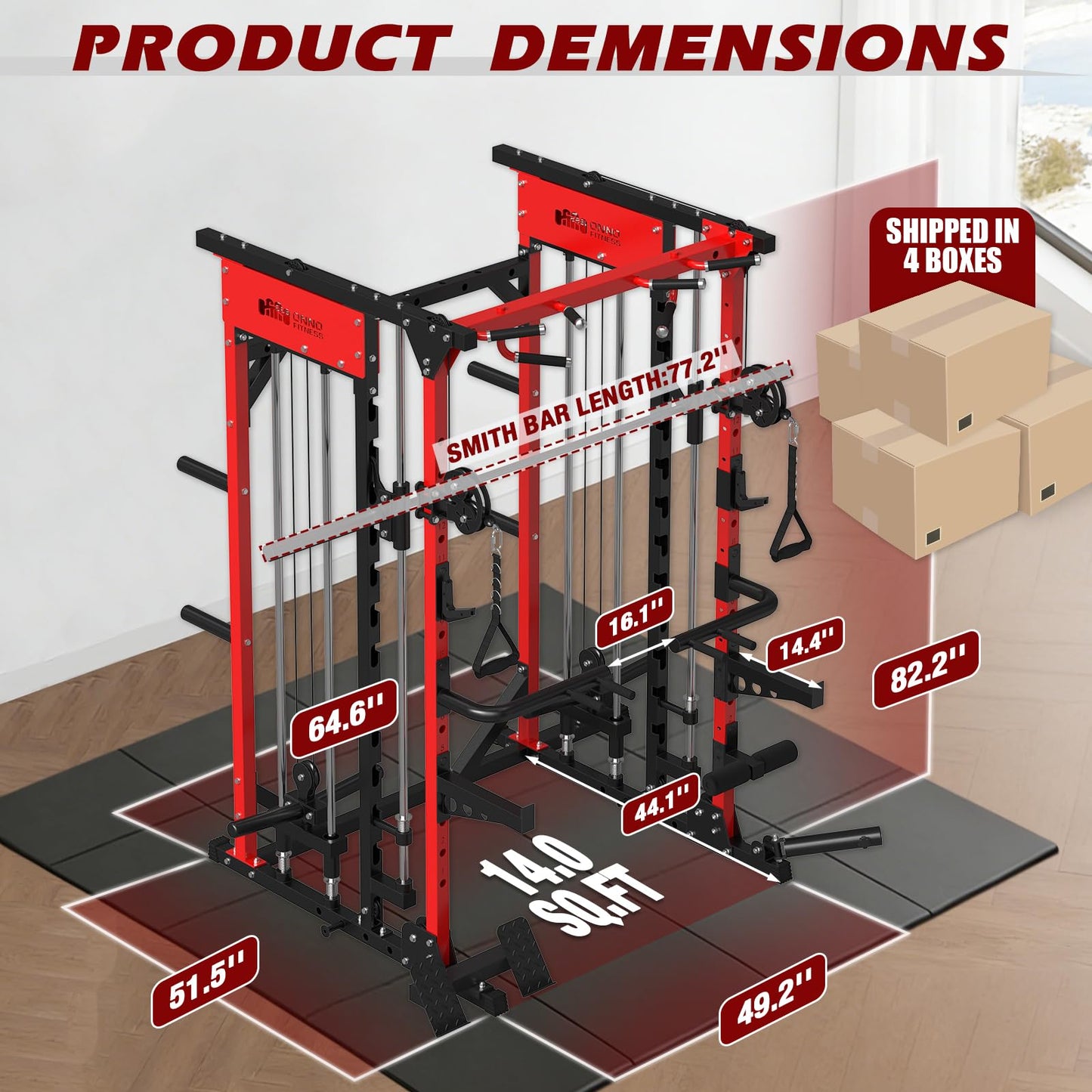 ONNO Smith Machine, 2200lbs Squat Rack with LAT-Pull Down & Cable Crossover System, Multi-Function Power Cage for Home Gym with Leg Hold-Down Attachment, Red