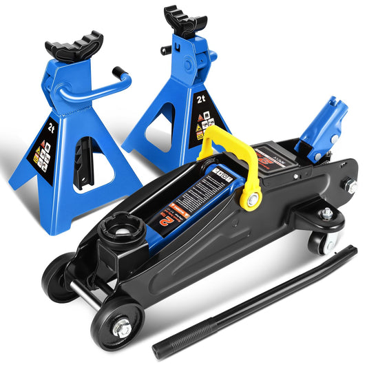 PM PERFORMOTOR Low Profile Hydraulic Trolley Service/Floor Jack Combo with 2 Ratchet Jack Stands, 2 Ton (4000 lbs) Capacity, Blue, PM-TOL-FJ3P-BL