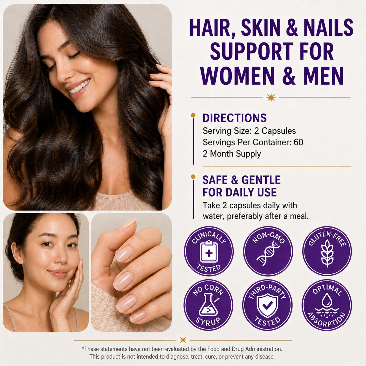 ZYXN Biotin | Collagen | Hyaluronic Acid Supplement, Clinically Proven Hair Growth Support, Skin and Nails, 25000 mcg Vitamins B2, B3, B6 & B7 + B1 & Keratin Women & Men (120 Count (Pack of 1))