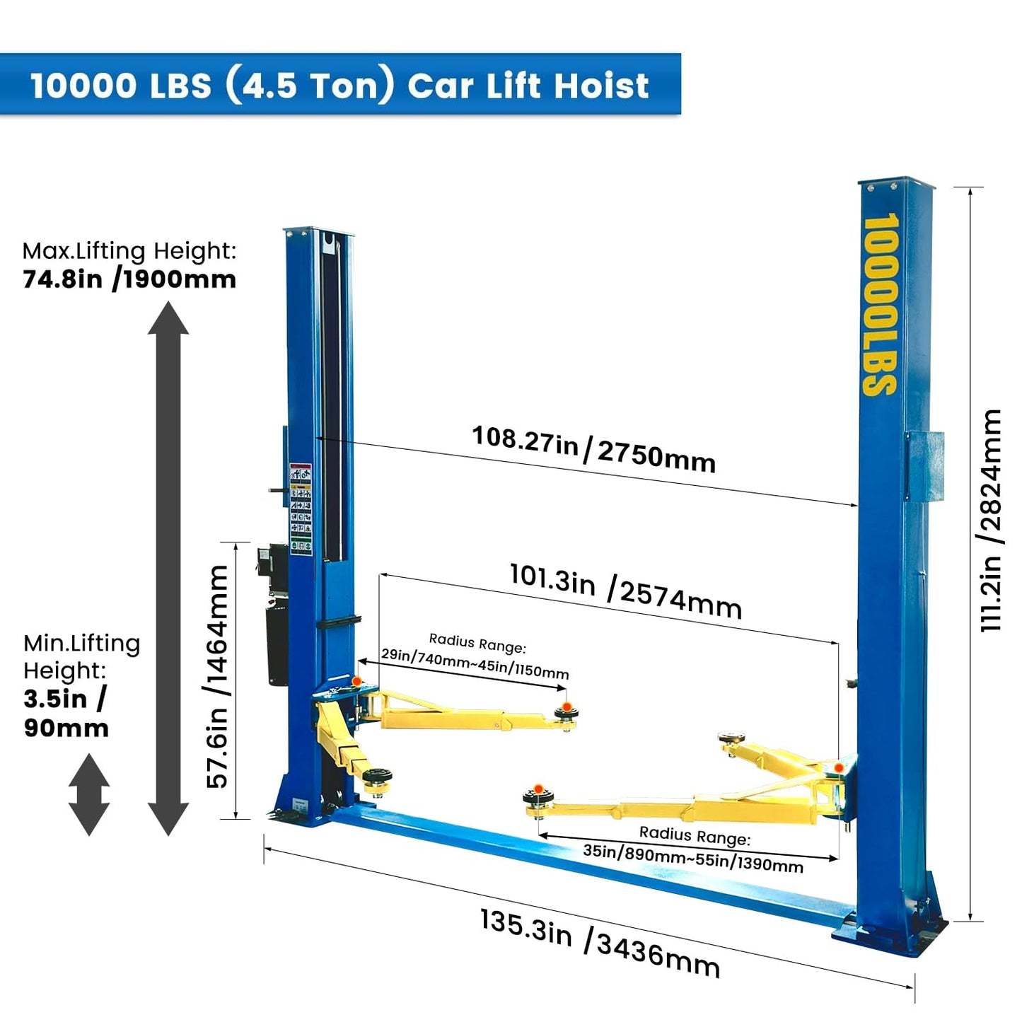 DMC-FPPS 110V Two Post Car Lift 10,000 LBS Floor Plate, Single-Sided Unlocking 2 Posts Auto Hoist Truck Lift for Garage 3 Year Warranty