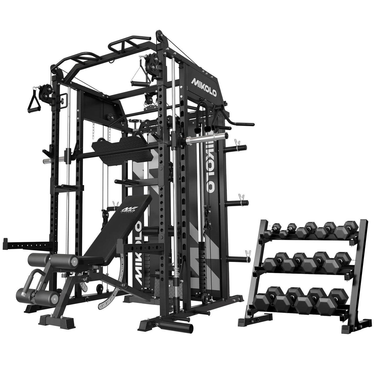 Mikolo Smith Machine with Weight Stack, Power Cage Home Gym System with LAT Pulldown & Cable Crossover, 550LBS Dumbbell Sets with Rack