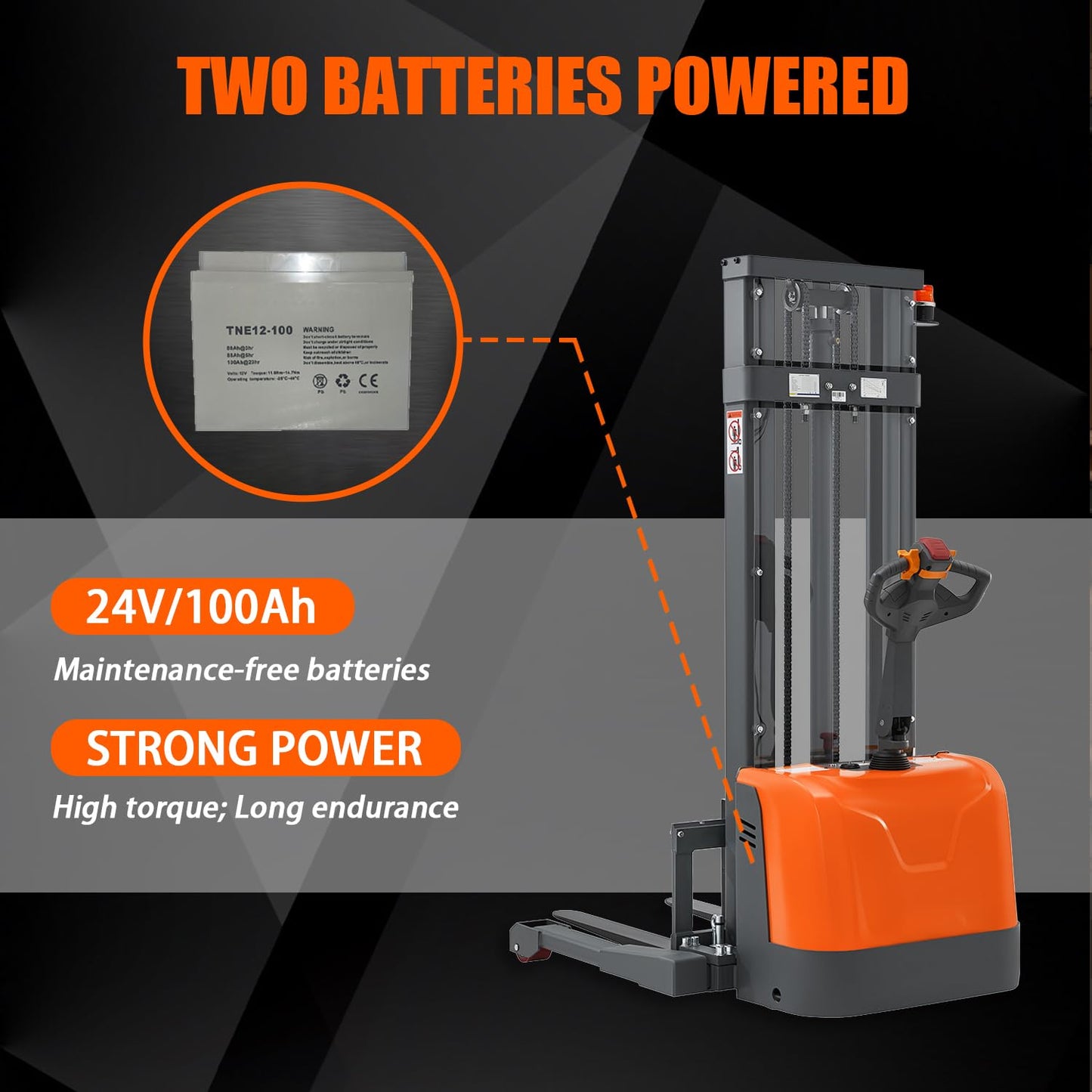 Tory Carrier Full Electric Pallet Stacker, Pallet Forklift, 3300 lbs Capacity, 118" Height Material Lifts, Straddle Legs & Forks Lift, Upgraded Maintenance-Free Gel Battery for Narrow Spaces