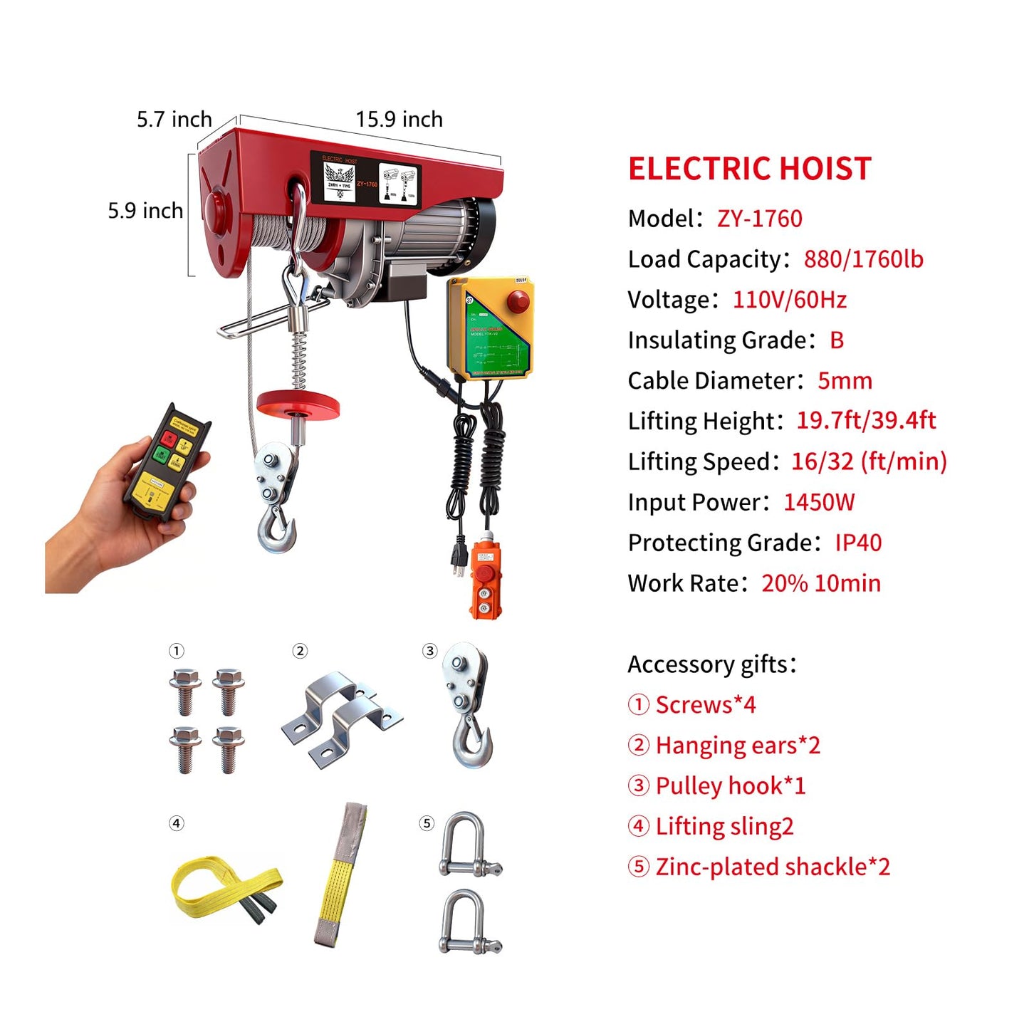 Electric Hoist, 1320 lbs 110V Electric Winch with 328 ft Wireless & 14 ft Wired Remote Control,Single/Double Slings, 40 ft Single Cable Lifting Height, Lift Hoist for Garage Warehouse Factory