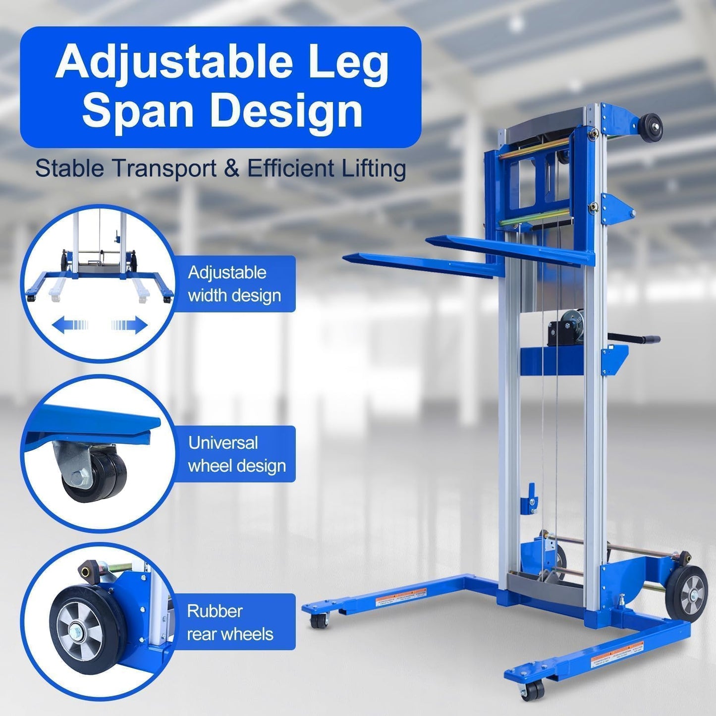 ELOMBR Material Lift Winch Stacker, 1.97"-70" Height Range, 500 lbs Capacity, 42.90"L x 43.30"W, Adjustable Straddle Hand Winch Lift Trucks for Warehouse, Factory