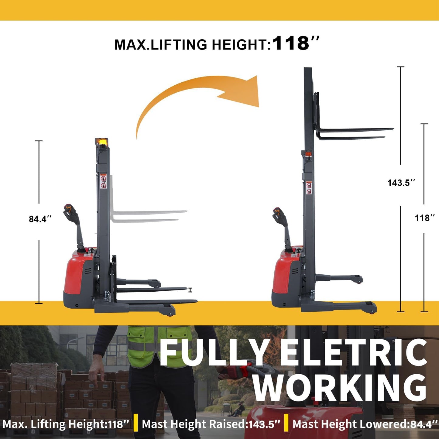 Full Electric Stacker 3300 lbs Capacity, 118" Lifting Height - Industrial Heavy Duty Forklift, Straddle Legs, Adjustable Forks, Power Pallet Stacker for Material Handling, Warehouse