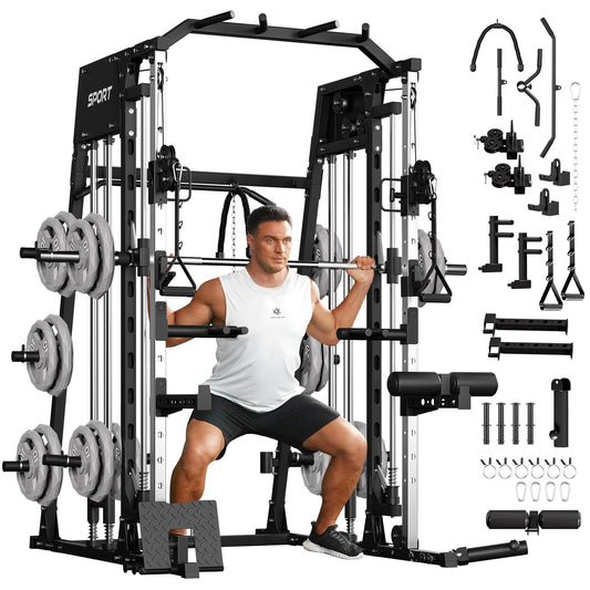 Smith Machine for Home Gym, Multifunctional Strength Training Power Cage with T Bar, LAT-Pull Down System and Cable System, 2200 Lbs Squat Rack with More Training Attachment, Black