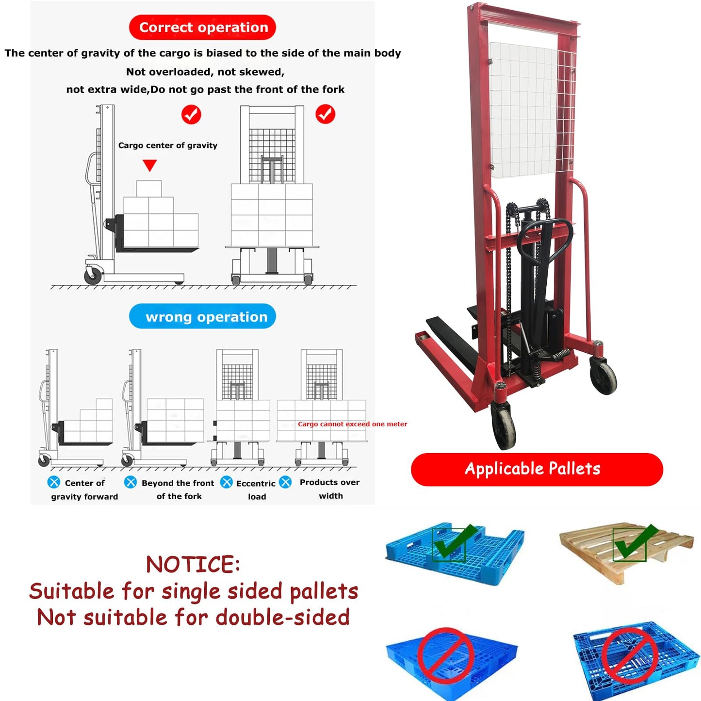 Banfluxion Manual Hydraulic Pallet Stacker Truck 2200 lbs Load Capacity 63" Lift Height Professional Mannual Forklift Forklift Pallet Truck Dolly for Open-Bottom Block Pallets