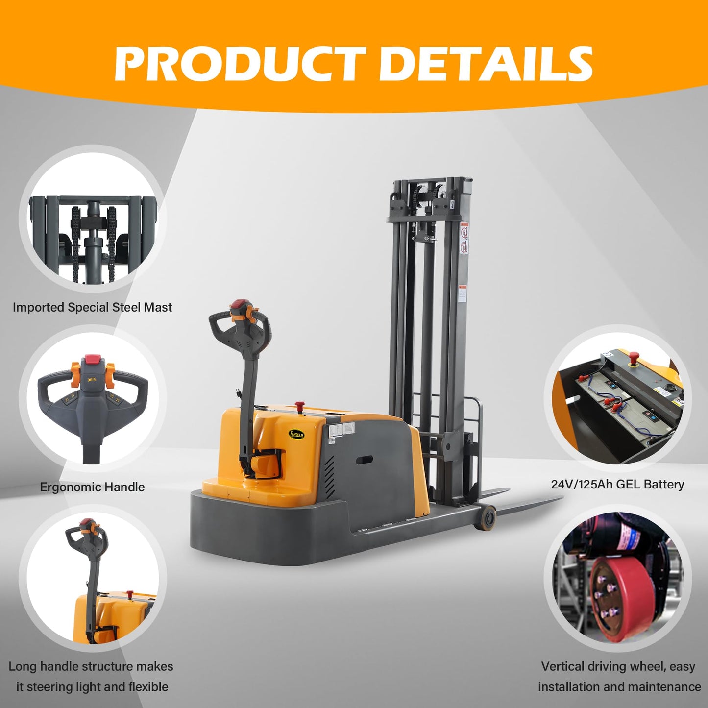 APOLLOLIFT Counterbalanced Full Electric Stacker, 118" Lift Height Forklift, 3300Lbs Capacity Powered Material Lift for Factories, Logistics and Warehouses