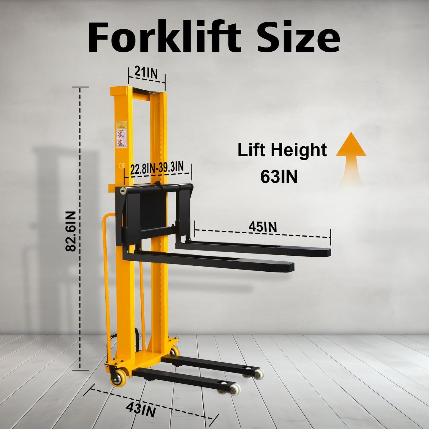 Electric Pallet Stacker Electric Forklift Capable of Boarding Trucks Pallet Lift 1300lbs Capacity 63" Lifting Height Material Lift with Fixed Legs (Width Adjustable, 63" Lifting)