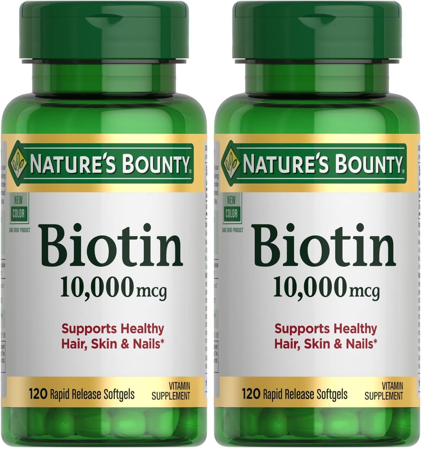 Nature's Bounty Biotin Hair Skin and Nails Vitamins, Supports Healthy Hair, Skin and Nails, 10,000 mcg, 120 Softgels (Pack of 2)