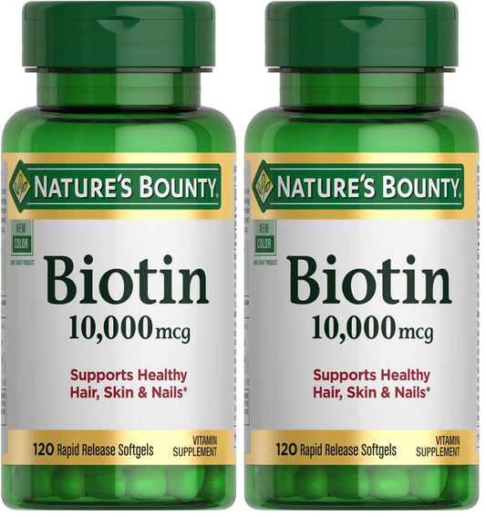 Nature's Bounty Biotin Hair Skin and Nails Vitamins, Supports Healthy Hair, Skin and Nails, 10,000 mcg, 120 Softgels (Pack of 2)