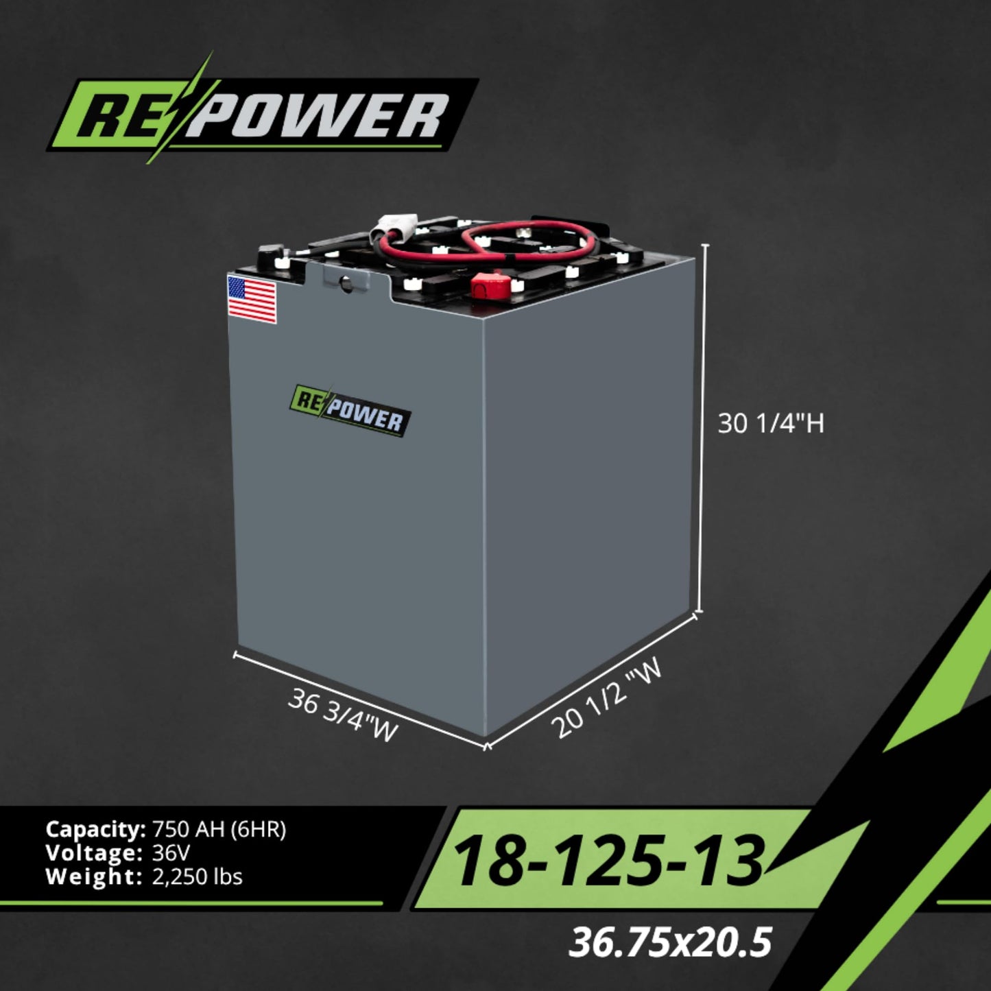 Repower reconditioned 18-125-13 Electric Forklift Battery 36V