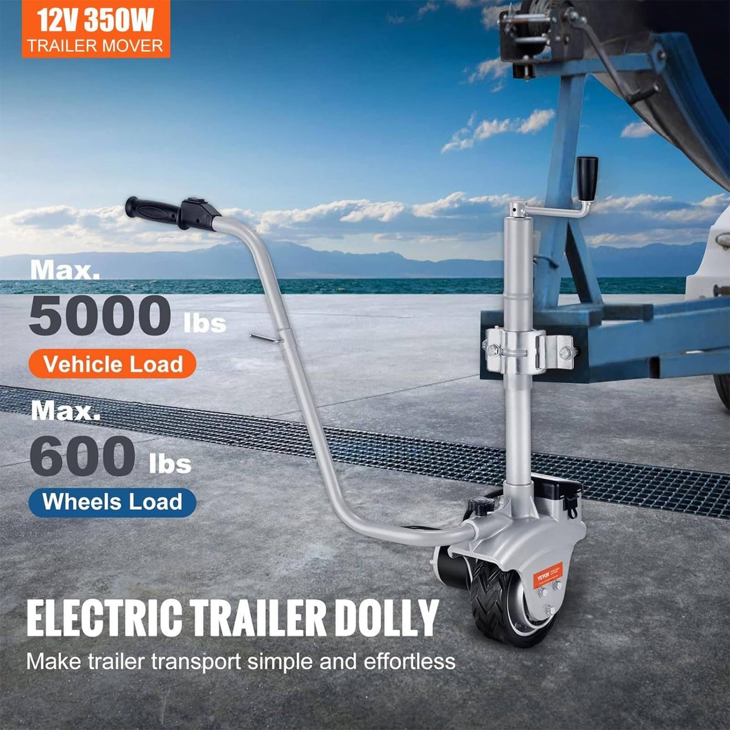 BeoyNot Electric Trailer Dolly,5000lbs Towing Capacity,12V 350W Trailer Wheel,23 ft/min Moving Speed,12.6''-16.5'' Adjustable Clamp Height & 7.5'' Rubber Tire,for Moving Trailer Caravan Boat