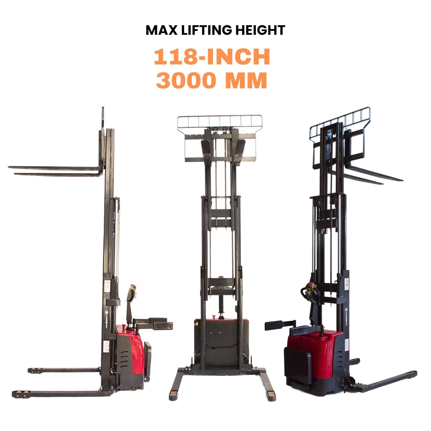SUNMAX PS3300FEAS-3M Fully Electric Pallet Stacker, 3300 lb Capacity, 118" Lift Height, Walk-Behind Warehouse Stacker with Adjustable Straddle Legs