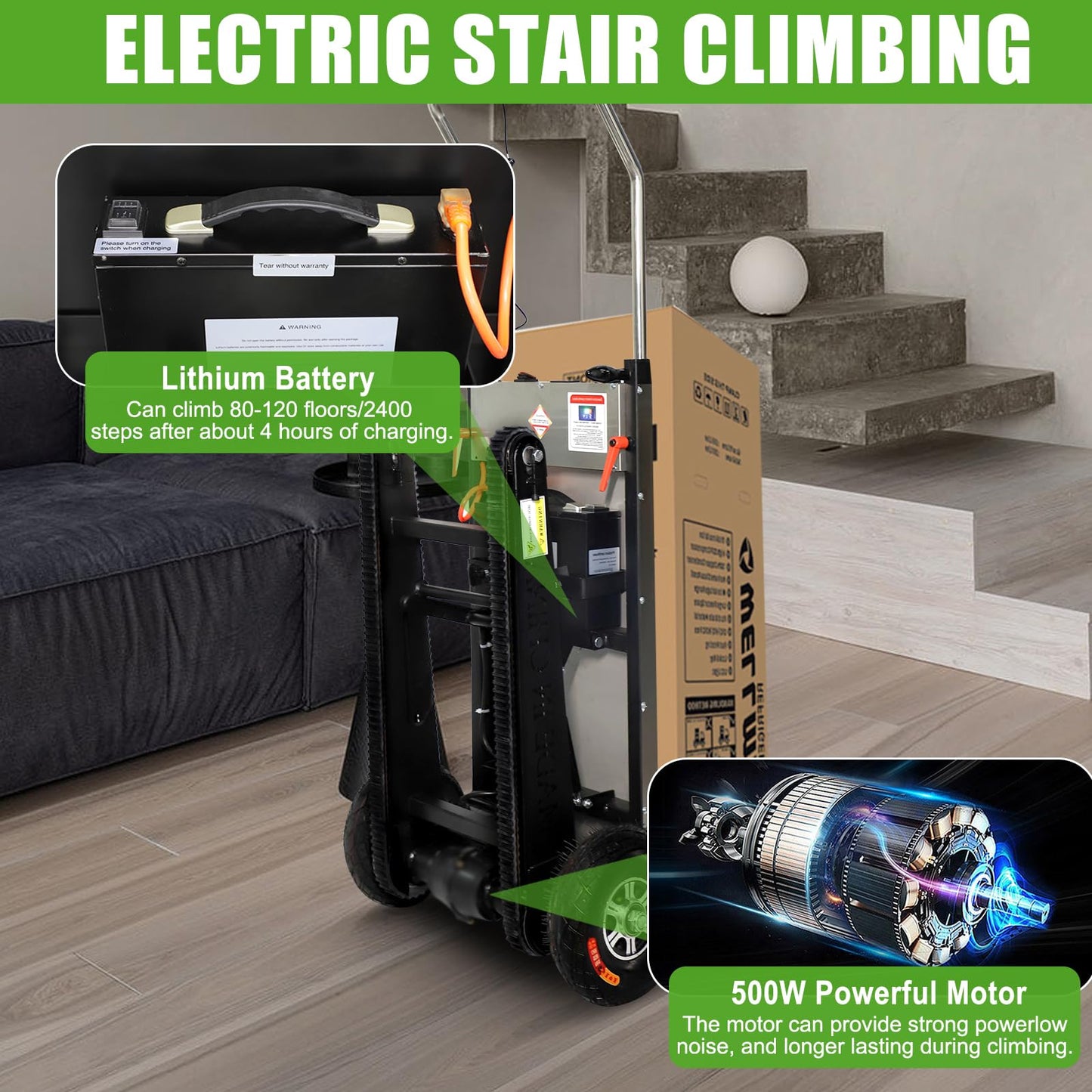 ZLPOWER Electric Stair Climbing Hand Trucks - Heavy Duty, Black - 661 lbs Max Load Capacity, 500W, Folding Dolly for Easy Moving of Heavy Furniture