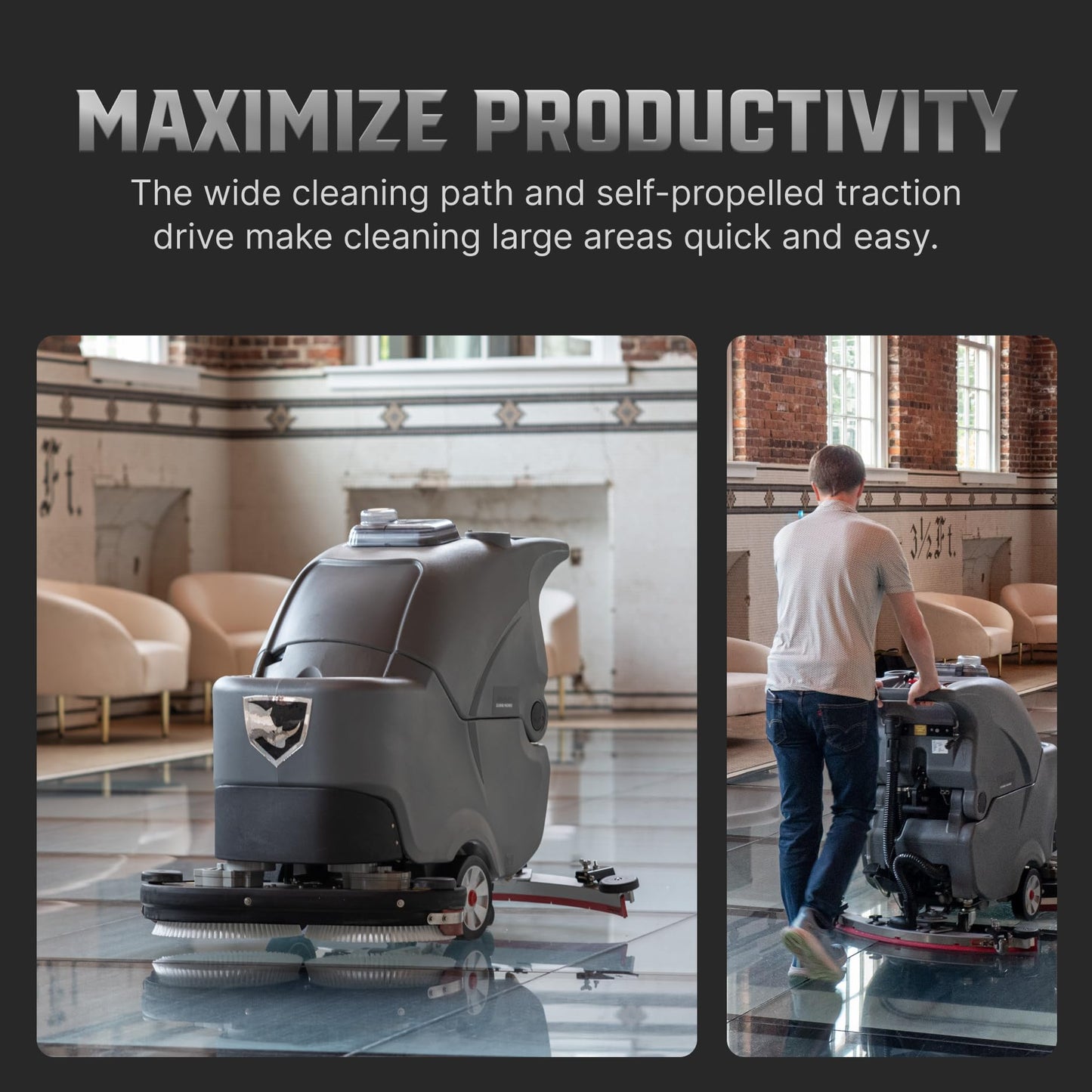 Rhino 28-Inch Commercial Floor Scrubber Machine – Walk-Behind Auto Floor Cleaner Machine – Traction Drive, Commercial Grade – Includes Batteries