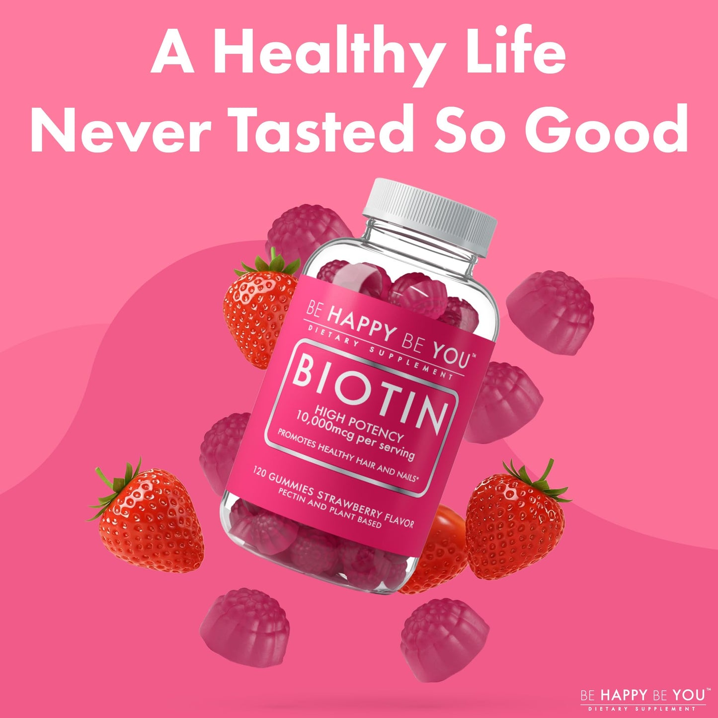 Be Happy Be You Biotin Gummies 10,000mcg – 120 Count – Supports Healthy Hair & Stronger Nails – Fast Absorption Supplement for Men & Women – Vegan, Non-GMO, Pectin, Gelatin Free – Made in USA