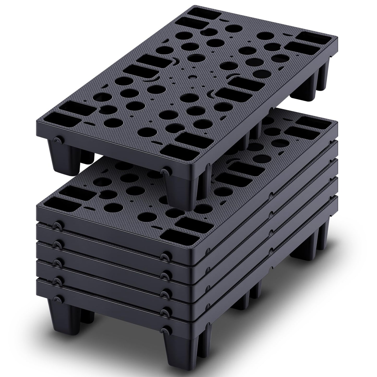 Singhoow 6 Pcs Plastic Pallets for Basement Storage Nestable Moisture Waterproof Lightweight Floor Pallets with Breathable Grid for Indoor Outdoor Supermarket Warehouse (19.6 x 11.8 x 3.9 Inch,Black)