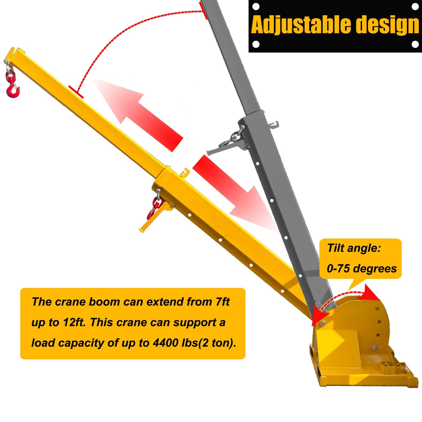 HQHAOTWU Forklift Jib Boom Crane 4400lbs Capacity Telescoping Mobile Crane Industrial 0-75 Degrees Tilting Lifting Hoist Truss Jib Boom with 2 Hooks Manual Telescopic 7-12ft for Warehouse & Factories