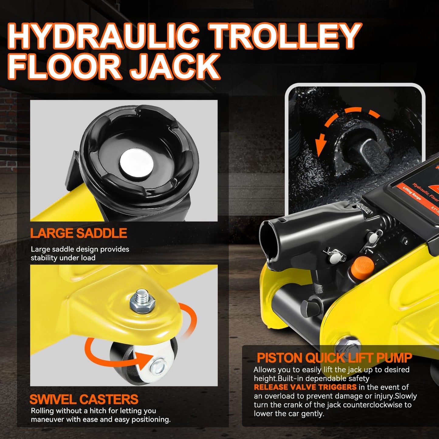 PM PERFORMOTOR Low Profile Hydraulic Trolley Service/Floor Jack Combo with 2 Ratchet Jack Stands, 2 Ton (4000 lbs) Capacity, Yellow,PM-TOL-FJ3P-YL