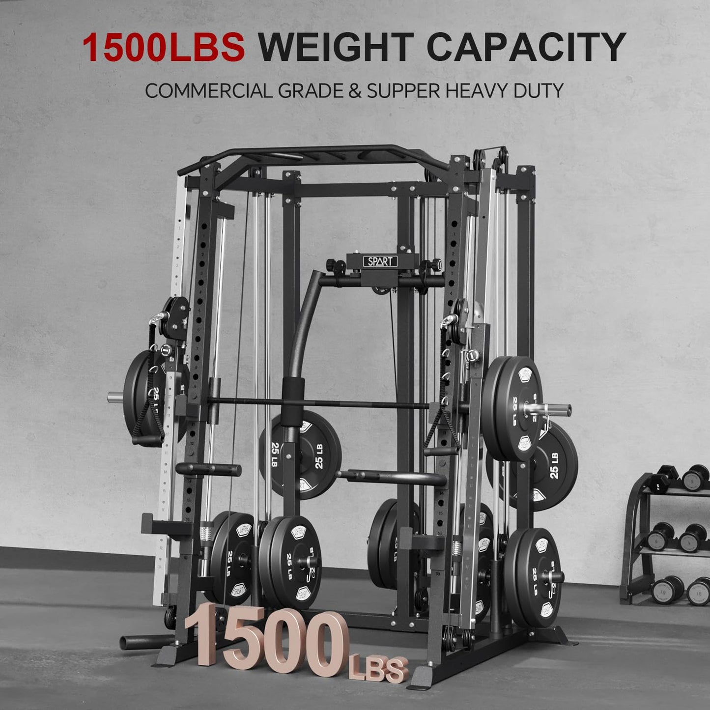SPART Workout Station Angled Smith Machine,Cage System-Home Gym Multifunction Rack,Workout Equipment with Smithe Bar, LAT Pull-Down Systems, Cable Crossover Machine and Cable Attachment