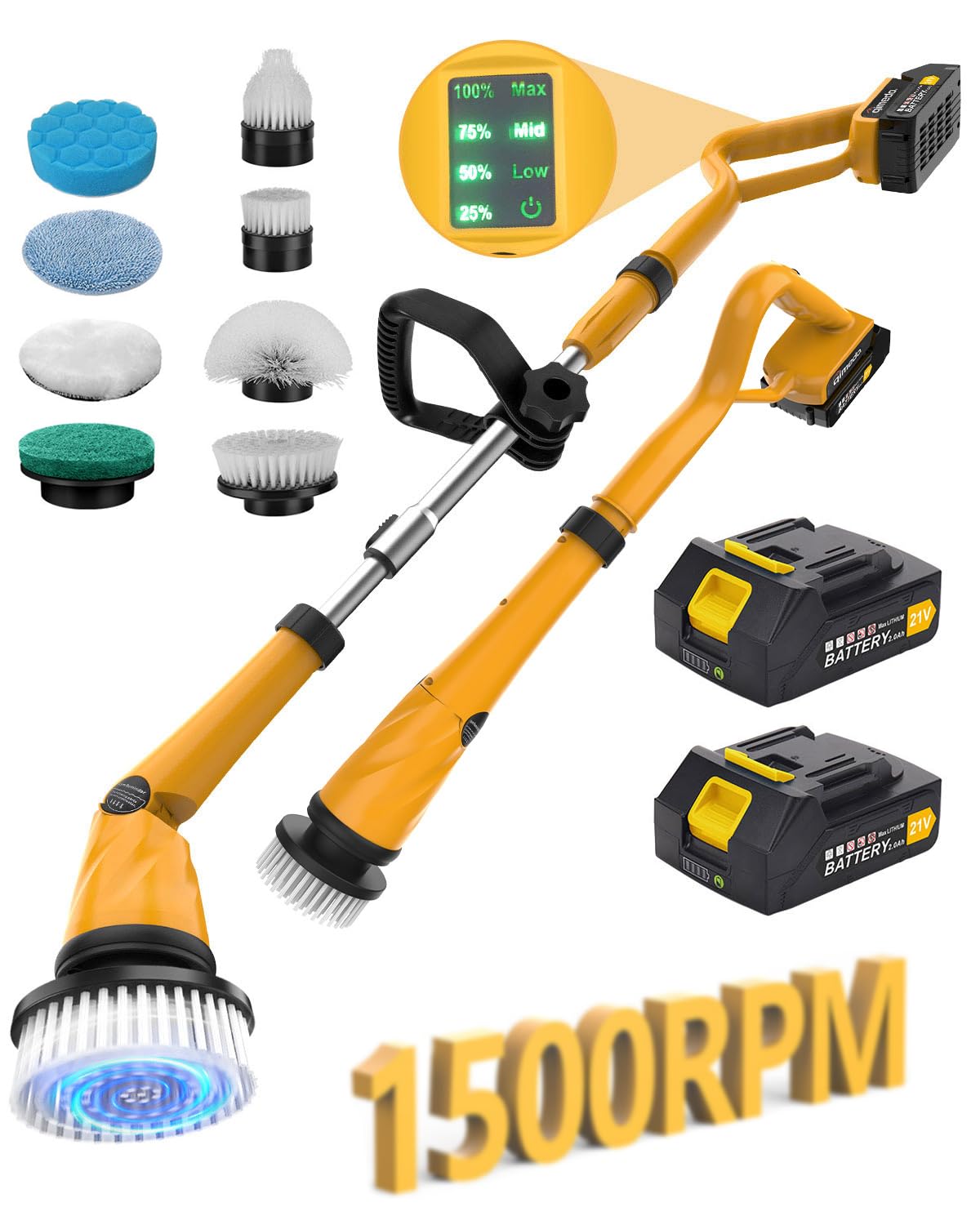 Qimedo 1500 RPM Electric Spin Scrubber with Two Batteries Q2 Pro, Cordless Battery Powered Shower Scrubber,Electric Tile Floor Scrubber with Display for Grout/Tile/Tub (Effortless Handle/8 Brushes)