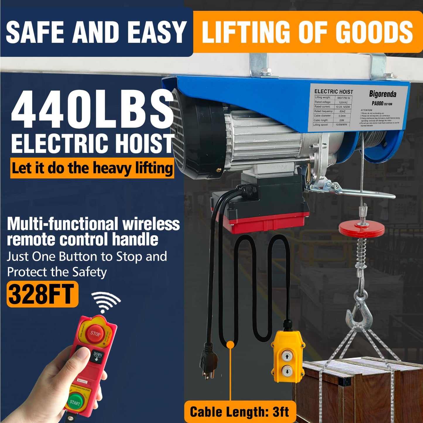 Bigorenda 440lb Electric Hoist with Remote Control/Wired Control, Electric Hoist 2 in 1, 110v Electric Hoist with Single/Double Slings,65.6/33ft Lifting Height, for Factory Attic Garage Warehouse
