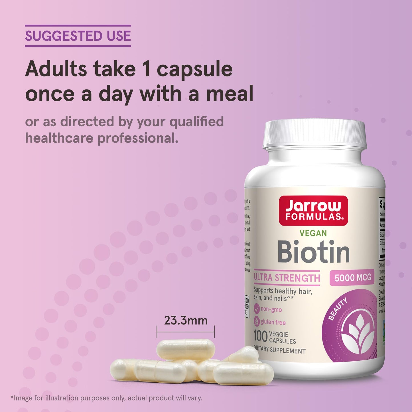 Jarrow Formulas® Biotin Ultra Strength 5000 mcg, Dietary Supplement, Hair, Skin, and Nails Support, 100 Veggie Capsules, Up to 100 Day Supply