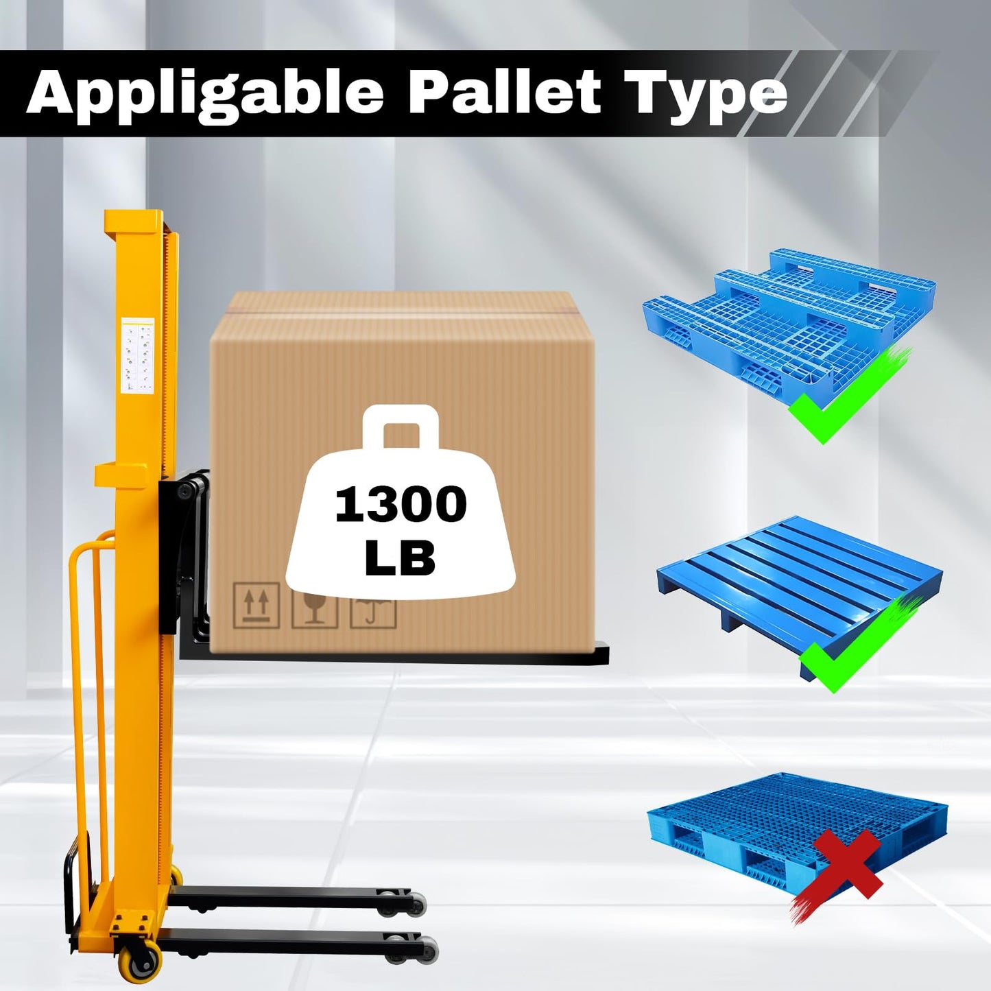 Electric Pallet Stacker 1300lbs Capacity 63 Inch Lift Height, Truck-Boardable Material Lift with Fixed Legs, Electric Forklift for Warehouses & Logistics (Width Adjustable 63" Lifting)