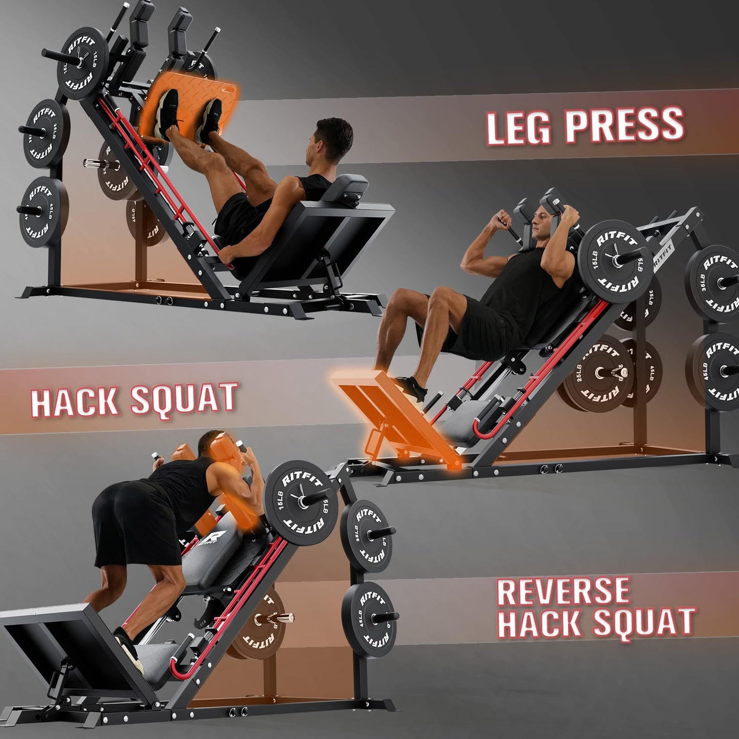 RitFit Gazelle Pro 3 in 1 Leg Press and Hack Squat Machine - High-Tensile Steel Leg Press Machine, 2000lbs Capacity, Adjustable Angles with Weight Storage (RED)